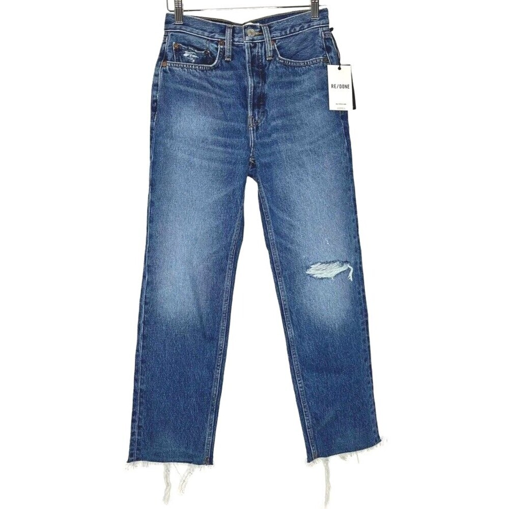 Re/Done 70s Stovepipe Womens Jeans 25 Worn Rich Indigo Blue Distressed Raw Hem